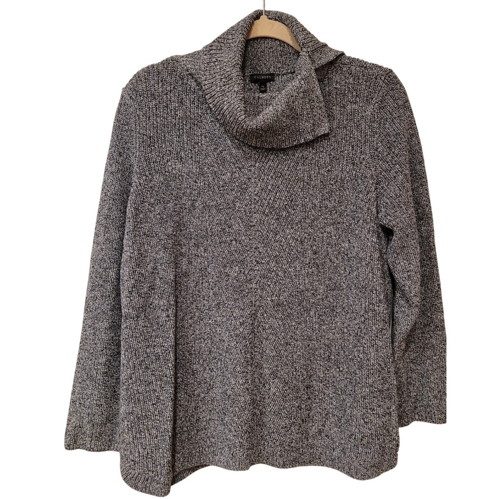 Talbots Womens XL Black White Marled Cowl Neck Cotton‎ Modal Knit Sweater